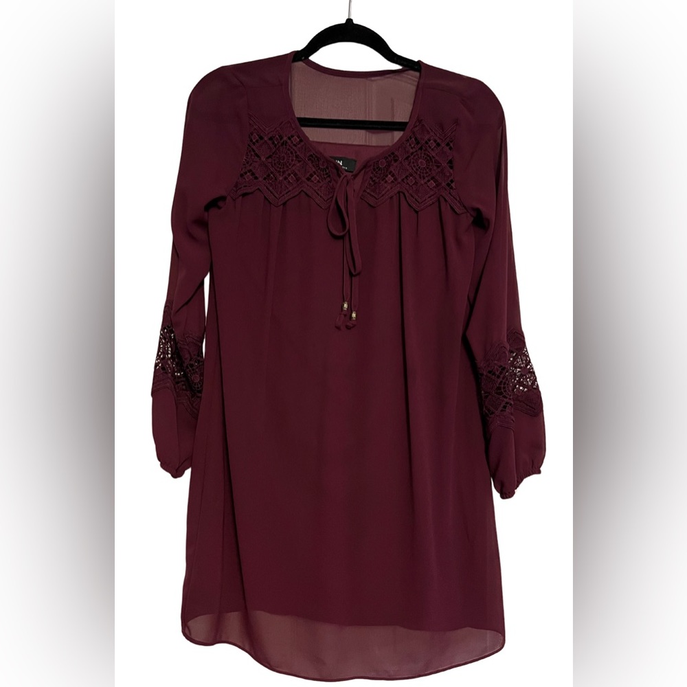 Burgundy Shift Dress with Lace Accents
